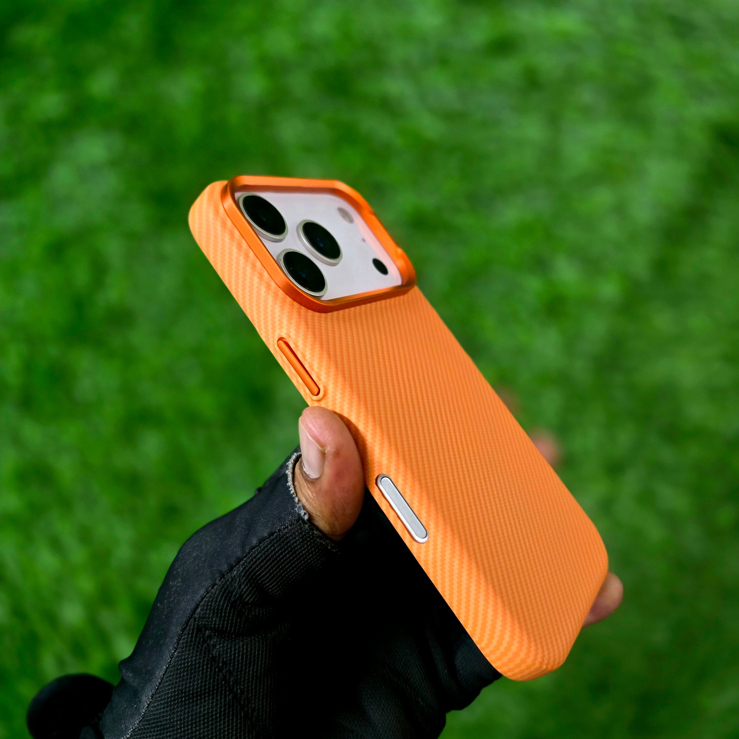 iPhone 17 Pro Max Carbon Case, 600D Carbon Fiber Texture Hard PC with Magsafe - Orange
